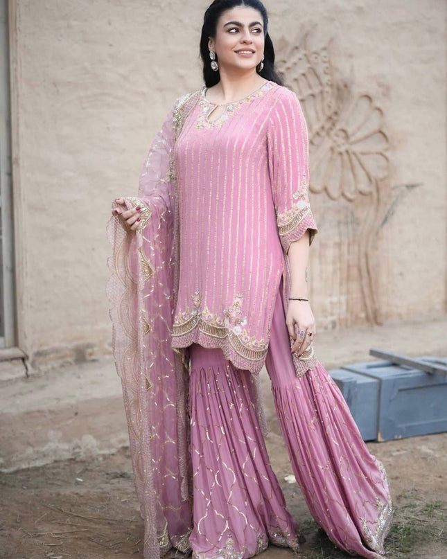 3 Piece Stylish Top, Sharara and Dupatta with Beautiful Embroidery Sequence Work - Rosepetals Luxe