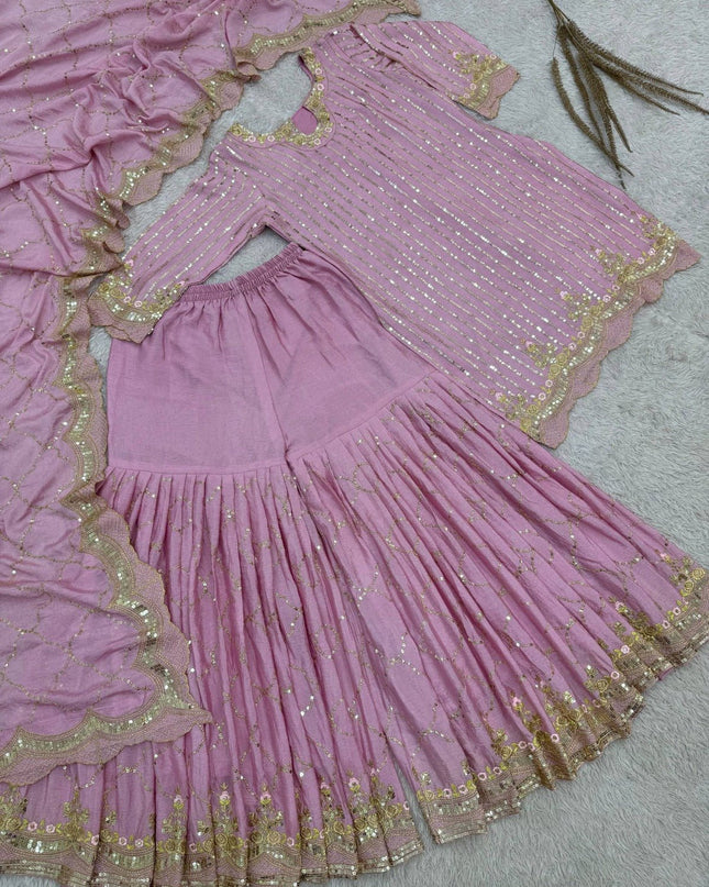 3 Piece Stylish Top, Sharara and Dupatta with Beautiful Embroidery Sequence Work - Rosepetals Luxe