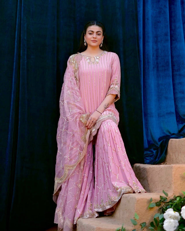 3 Piece Stylish Top, Sharara and Dupatta with Beautiful Embroidery Sequence Work - Rosepetals Luxe