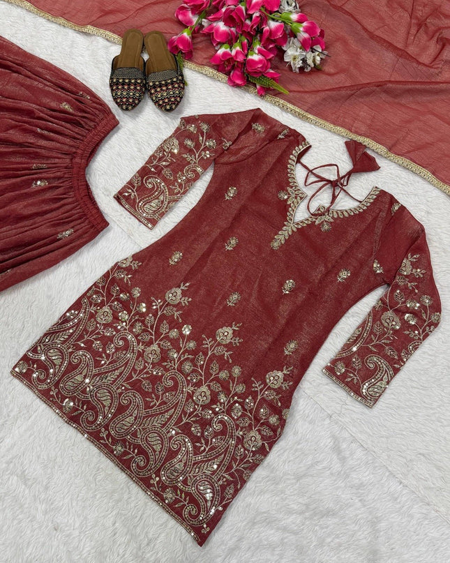 3 - Piece Top Sharara Palazzo Dupatta Set with Embroidery Sequin Work - Rosepetals Luxe