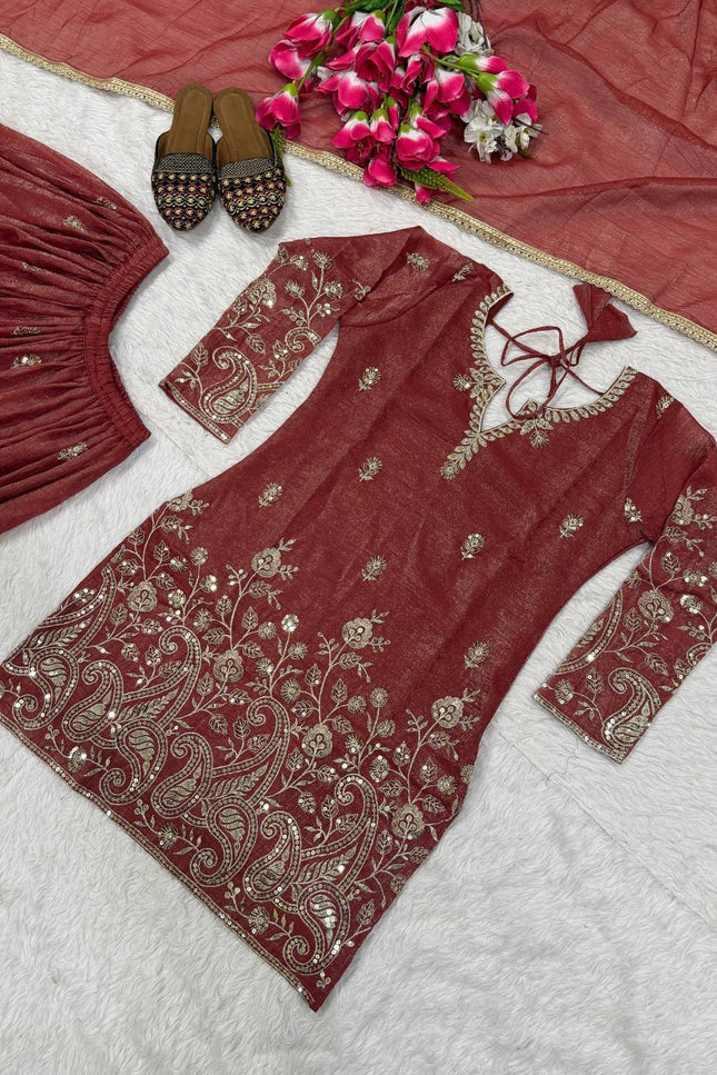 3 - Piece Top Sharara Palazzo Dupatta Set with Embroidery Sequin Work - Rosepetals Luxe