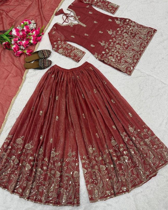 3 - Piece Top Sharara Palazzo Dupatta Set with Embroidery Sequin Work - Rosepetals Luxe