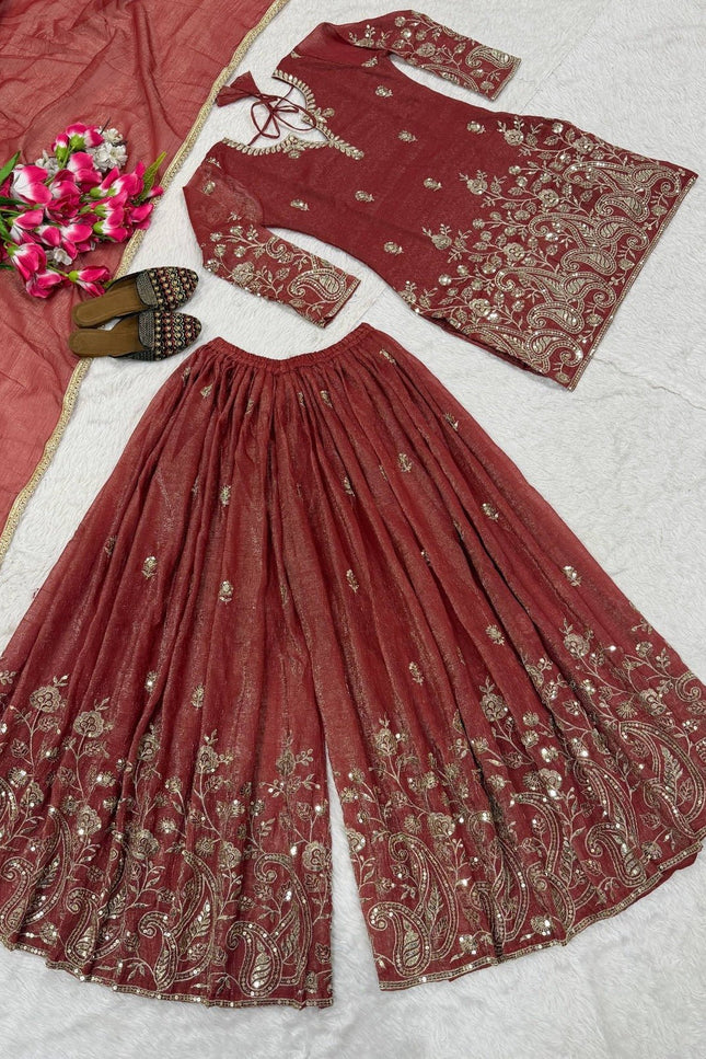 3 - Piece Top Sharara Palazzo Dupatta Set with Embroidery Sequin Work - Rosepetals Luxe
