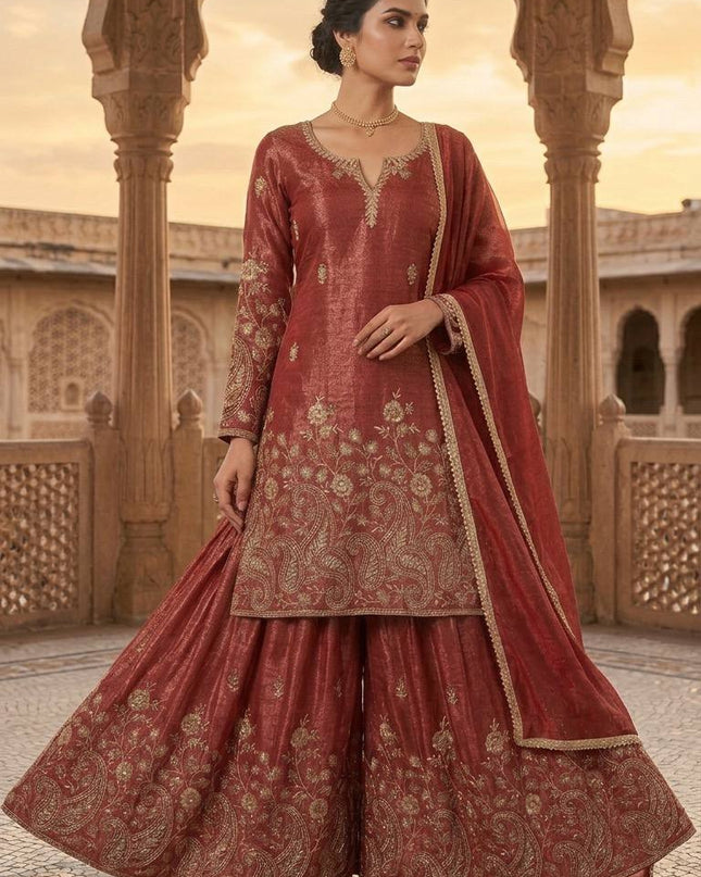 3 - Piece Top Sharara Palazzo Dupatta Set with Embroidery Sequin Work - Rosepetals Luxe