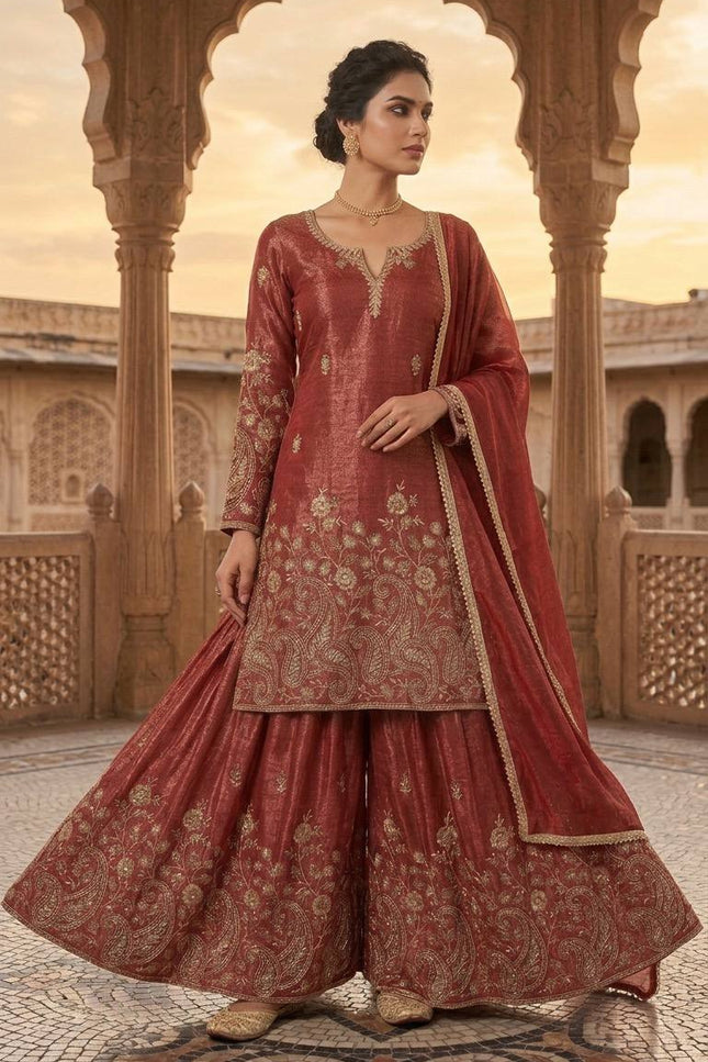 3 - Piece Top Sharara Palazzo Dupatta Set with Embroidery Sequin Work - Rosepetals Luxe