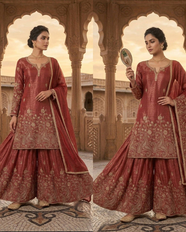 3 - Piece Top Sharara Palazzo Dupatta Set with Embroidery Sequin Work - Rosepetals Luxe