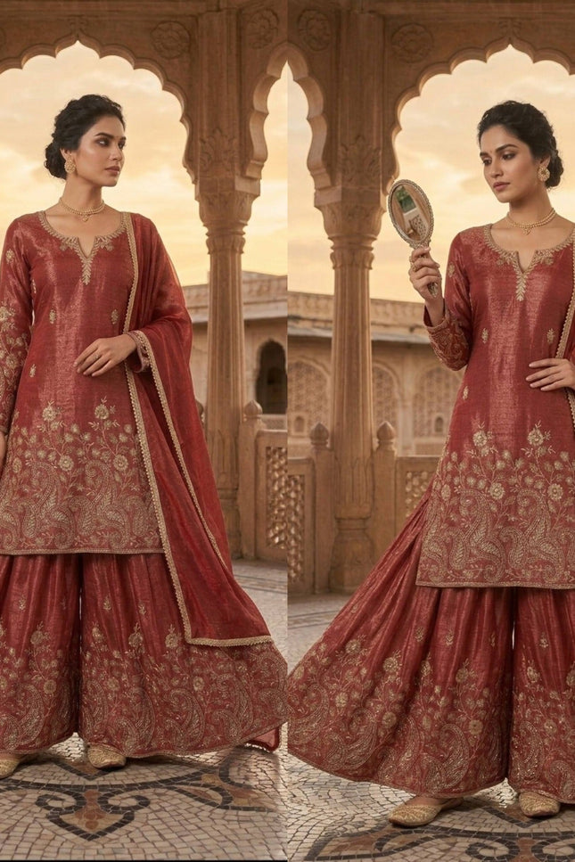 3 - Piece Top Sharara Palazzo Dupatta Set with Embroidery Sequin Work - Rosepetals Luxe