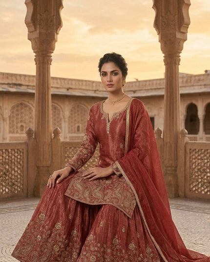 3 - Piece Top Sharara Palazzo Dupatta Set with Embroidery Sequin Work - Rosepetals Luxe