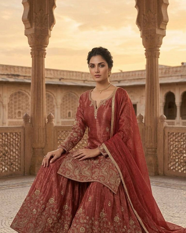 3 - Piece Top Sharara Palazzo Dupatta Set with Embroidery Sequin Work - Rosepetals Luxe