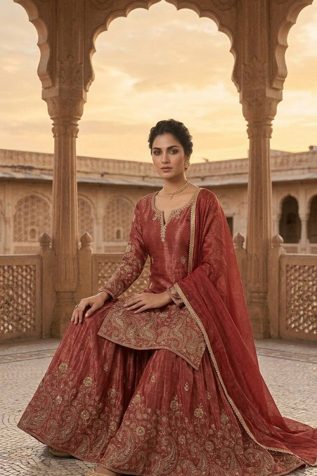 3 - Piece Top Sharara Palazzo Dupatta Set with Embroidery Sequin Work - Rosepetals Luxe