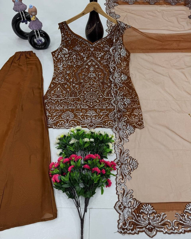 3 - Piece Top Sharara Palazzo Dupatta Set with Heavy Soft Net - Rosepetals Luxe