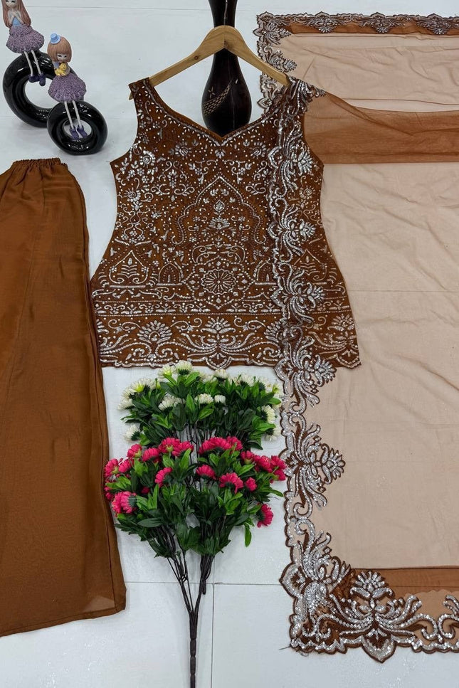 3 - Piece Top Sharara Palazzo Dupatta Set with Heavy Soft Net - Rosepetals Luxe