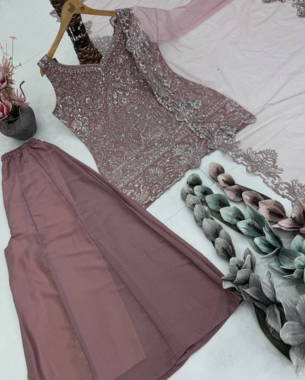3 - Piece Top Sharara Palazzo Dupatta Set with Heavy Soft Net - Rosepetals Luxe