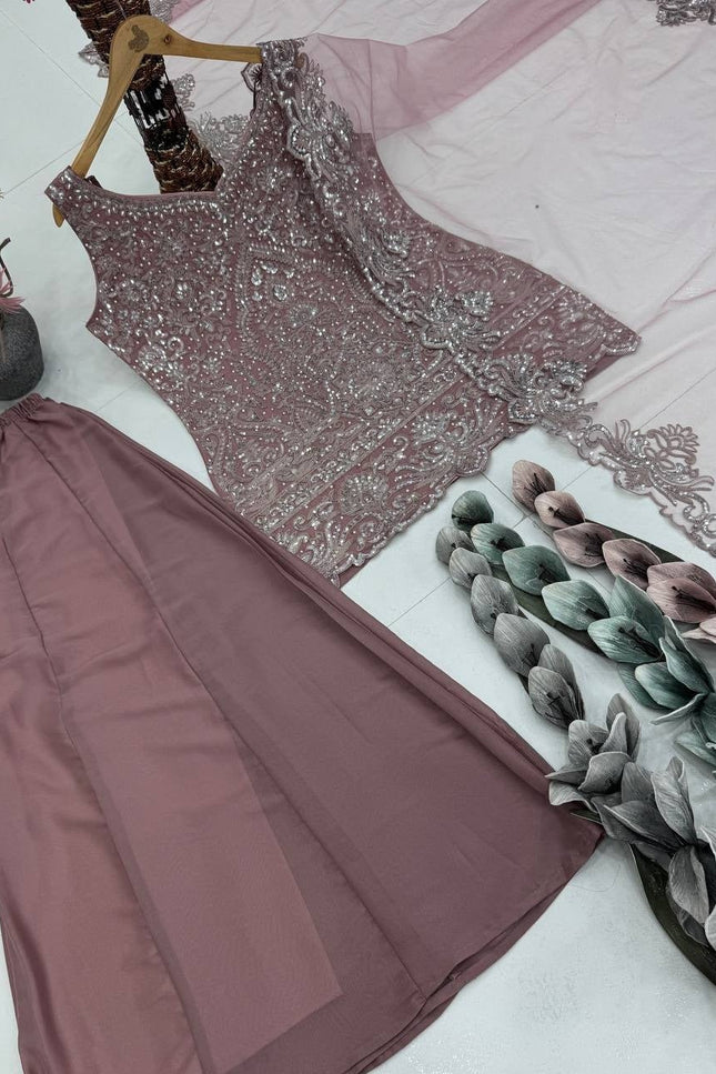 3 - Piece Top Sharara Palazzo Dupatta Set with Heavy Soft Net - Rosepetals Luxe