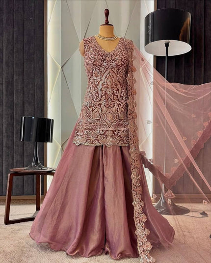 3 - Piece Top Sharara Palazzo Dupatta Set with Heavy Soft Net - Rosepetals Luxe