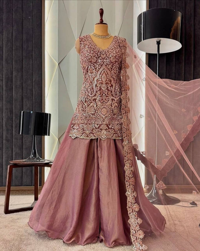 3 - Piece Top Sharara Palazzo Dupatta Set with Heavy Soft Net - Rosepetals Luxe