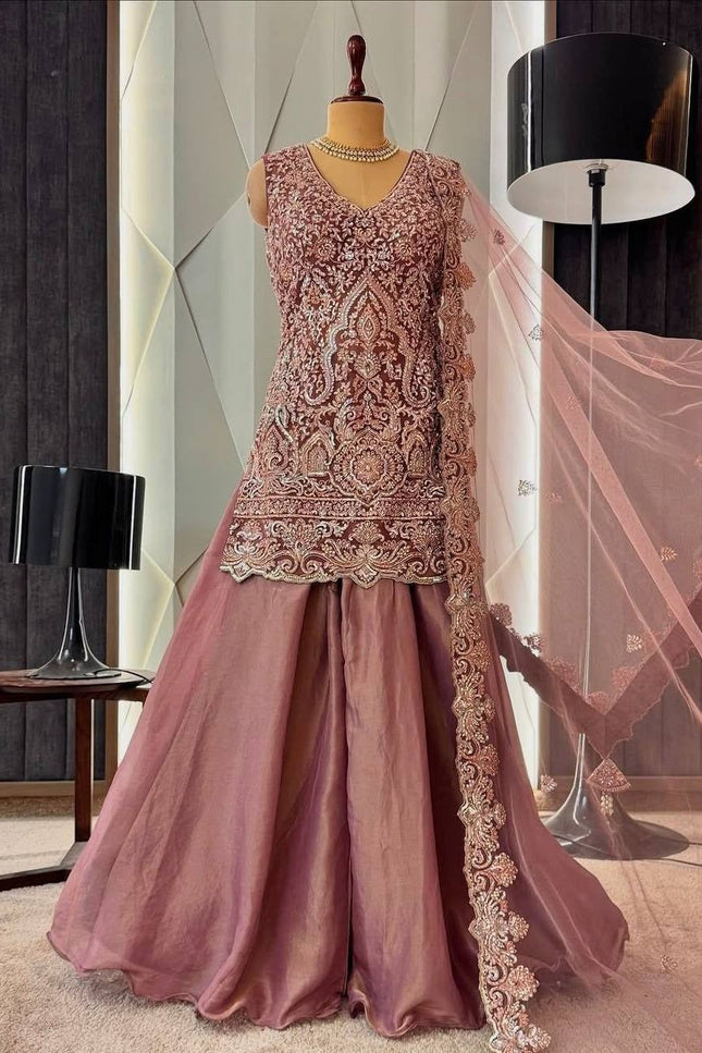 3 - Piece Top Sharara Palazzo Dupatta Set with Heavy Soft Net - Rosepetals Luxe