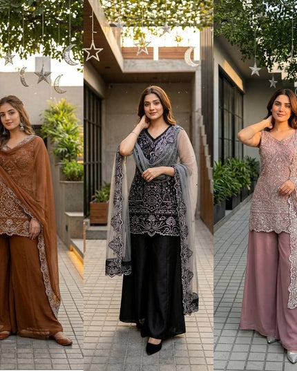 3 - Piece Top Sharara Palazzo Dupatta Set with Heavy Soft Net - Rosepetals Luxe