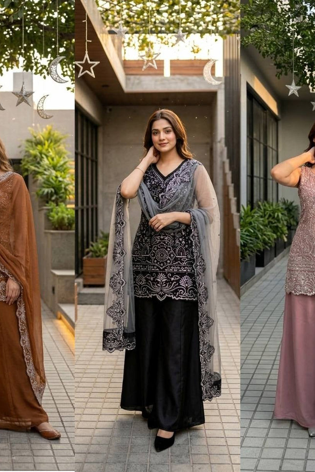 3 - Piece Top Sharara Palazzo Dupatta Set with Heavy Soft Net - Rosepetals Luxe