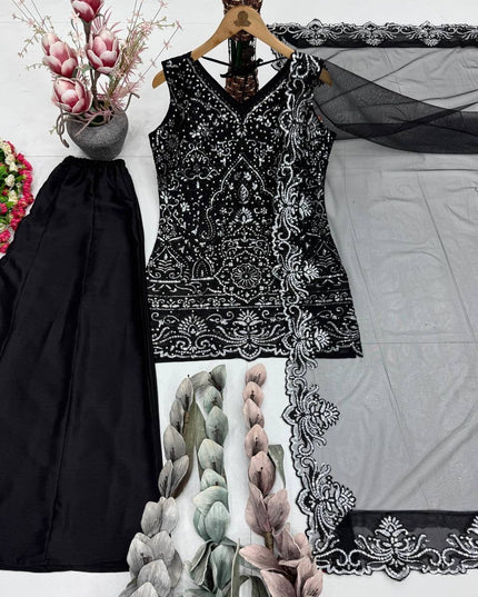 3 - Piece Top Sharara Palazzo Dupatta Set with Heavy Soft Net - Rosepetals Luxe