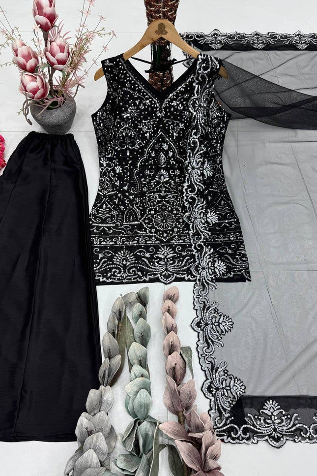 3 - Piece Top Sharara Palazzo Dupatta Set with Heavy Soft Net - Rosepetals Luxe