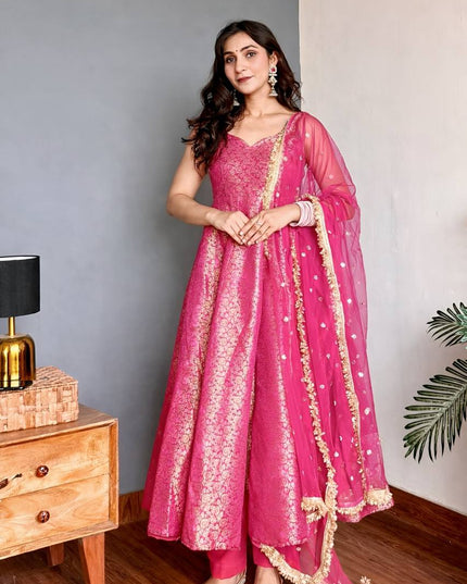3 - Piece Viscose Jacquard Gown Pant Dupatta Set with Embroidery and Sequin Work - Rosepetals Luxe