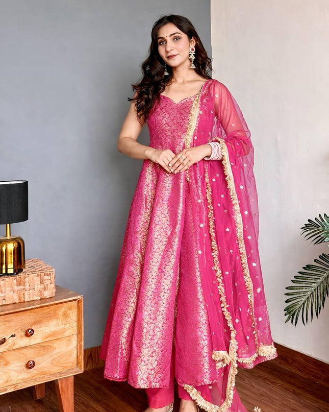 3 - Piece Viscose Jacquard Gown Pant Dupatta Set with Embroidery and Sequin Work - Rosepetals Luxe