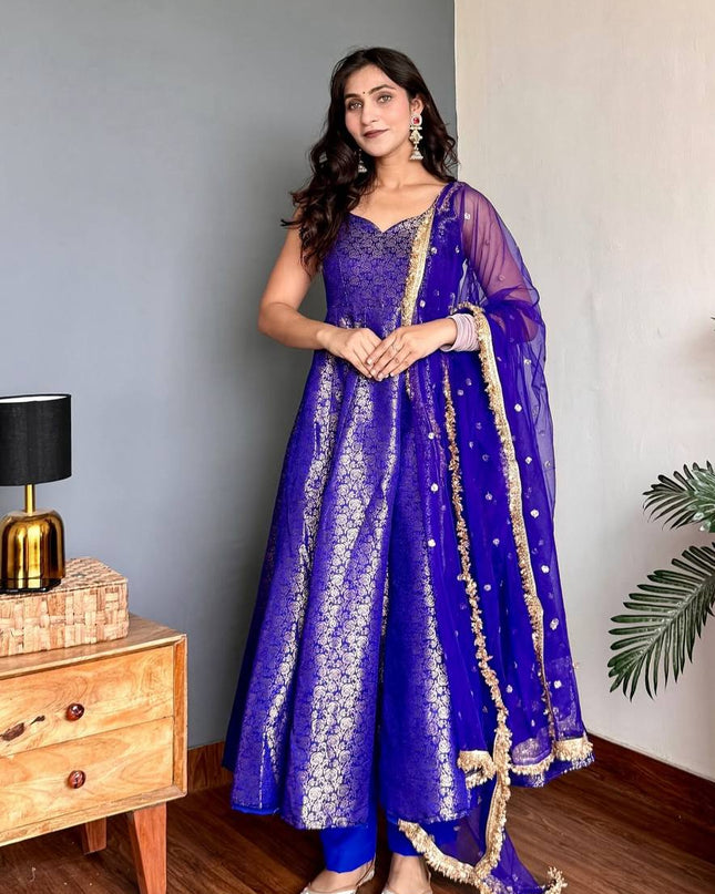 3 - Piece Viscose Jacquard Gown Pant Dupatta Set with Embroidery and Sequin Work - Rosepetals Luxe