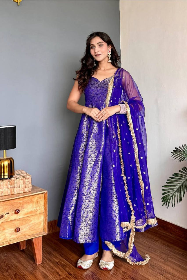 3 - Piece Viscose Jacquard Gown Pant Dupatta Set with Embroidery and Sequin Work - Rosepetals Luxe