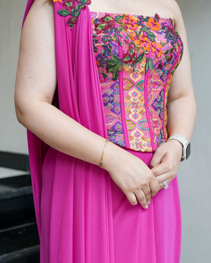 Pink Soft Organza Floral Embroidery Saree with Heavy Raw Silk Unstitched Blouse