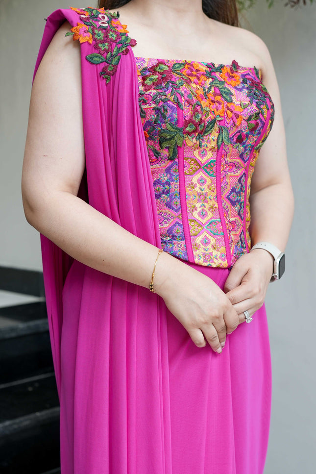 Pink Soft Organza Floral Embroidery Saree with Heavy Raw Silk Unstitched Blouse