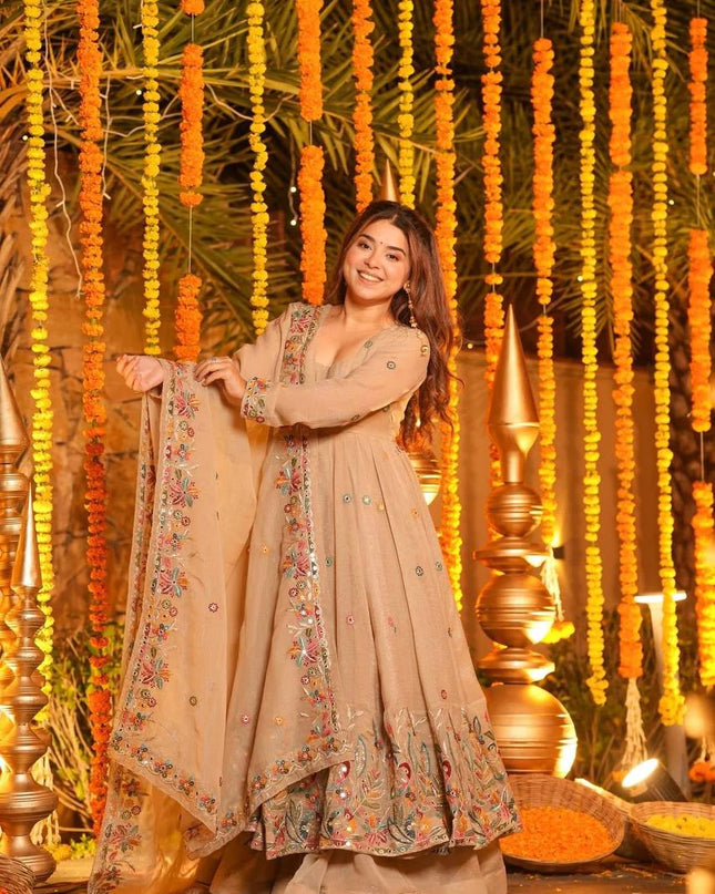 3‑Piece Anarkali Gown Sharara Set |Festive & Celebration - Rosepetals Luxe