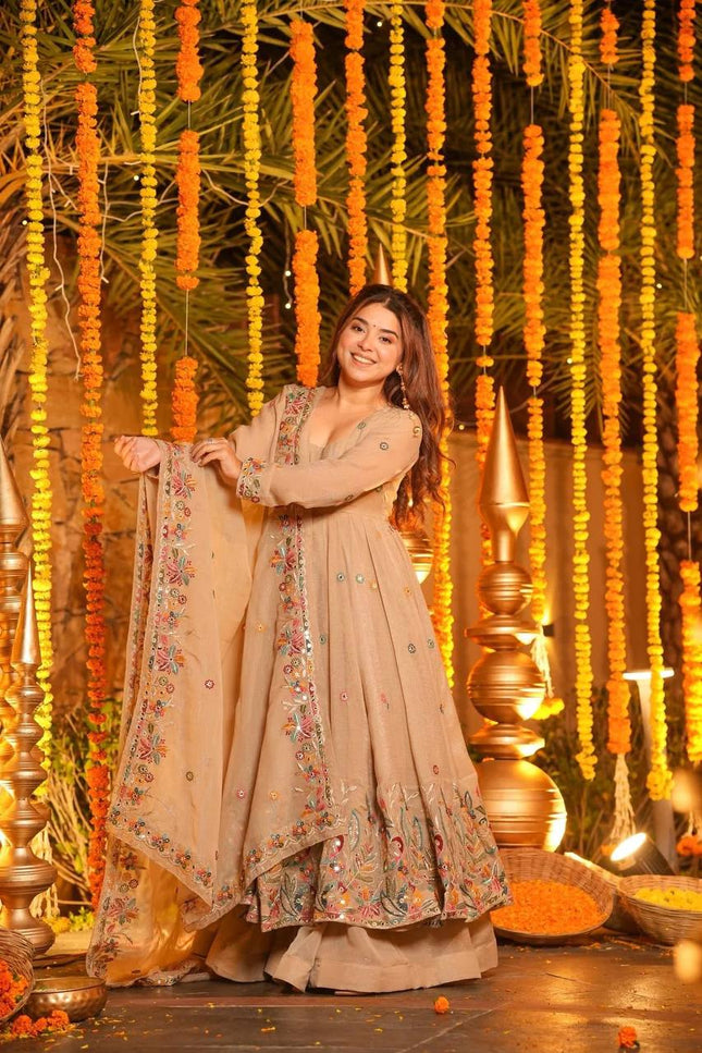 3‑Piece Anarkali Gown Sharara Set |Festive & Celebration - Rosepetals Luxe