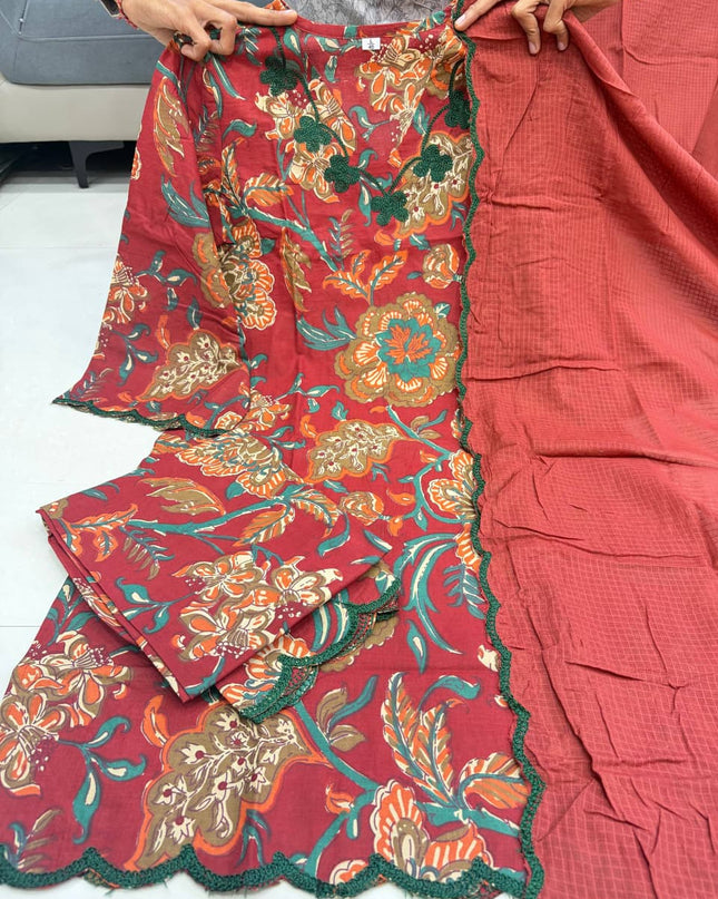 4 - Piece Pure Cotton 60x60 Suit Set with Kotadoria Dupatta - Rosepetals Luxe