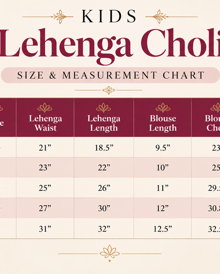 Girls Premium Roman Silk Mirror Work Navratri Chaniya Choli - Rosepetals Luxe Size Chart