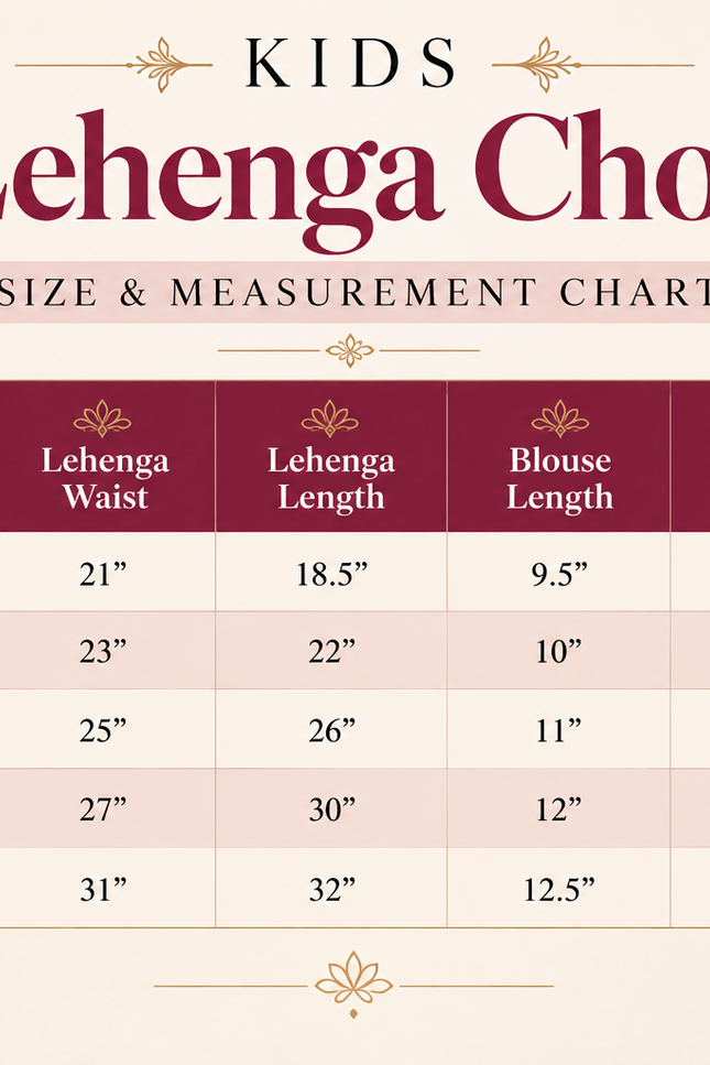 Girls Premium Roman Silk Mirror Work Navratri Chaniya Choli - Rosepetals Luxe Size Chart