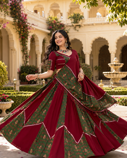Women’s Ajrakh Print Rayon Lehenga Choli with Mirror Lace, Gotta Patti & Dupatta | Navratri Festive Wear