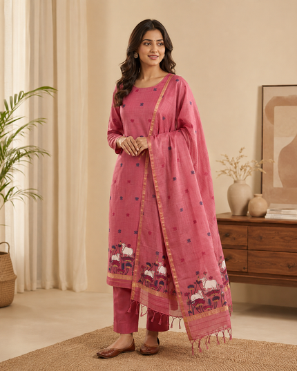 Premium Muga Cotton Jamdani Pichwai Weaving 3 Piece Unstitched Salwar Suit Dress Material with Woven Dupatta