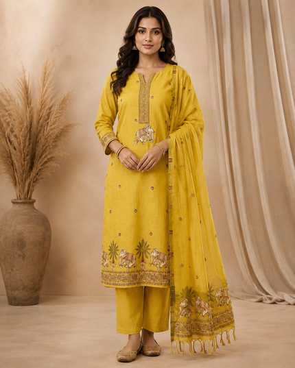 Premium Muga Cotton Jamdani Pichwai Weaving 3 Piece Unstitched Salwar Suit | Dress Material with Dupatta