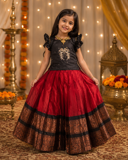 Girls Pure Silk Zari Weaving Lehenga Choli Set with Heavy Handwork Blouse | Kids Festive & Wedding Wear