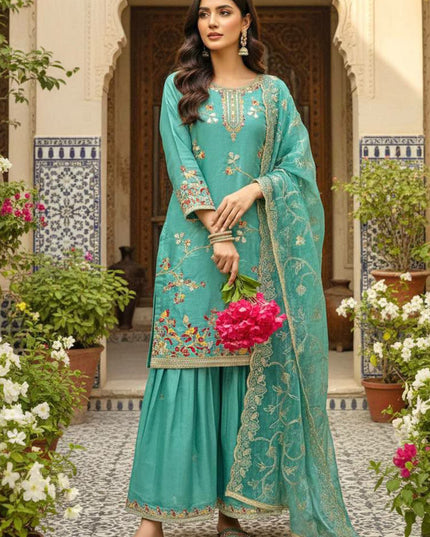 Sea Green Designer Party Wear Pure GMY Silk Top Palazzo & Dupatta Set