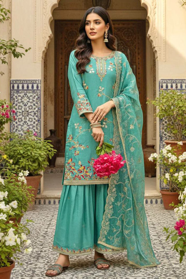 Sea Green Designer Party Wear Pure GMY Silk Top Palazzo & Dupatta Set