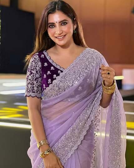 Lavender Soft Organza Saree with C-Pallu Embroidery & Cutwork Border | Mono Banglory Silk Blouse