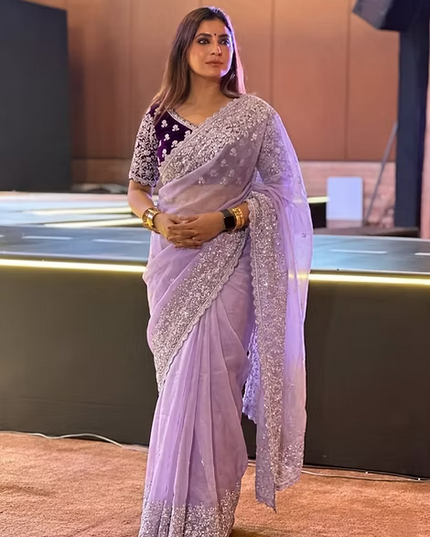 Lavender Soft Organza Saree with C-Pallu Embroidery & Cutwork Border | Mono Banglory Silk Blouse