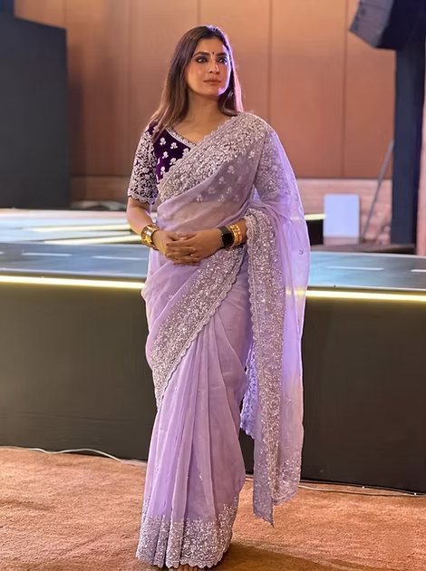 Lavender Soft Organza Saree with C-Pallu Embroidery & Cutwork Border | Mono Banglory Silk Blouse