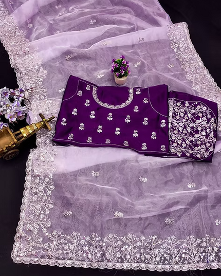 Lavender Soft Organza Saree with C-Pallu Embroidery & Cutwork Border | Mono Banglory Silk Blouse