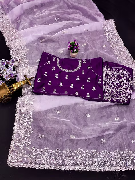 Lavender Soft Organza Saree with C-Pallu Embroidery & Cutwork Border | Mono Banglory Silk Blouse