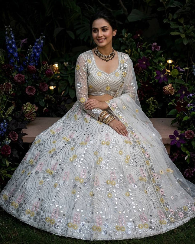 4M Flared Butterfly Net Real Mirror & Sequins Lehenga Choli | Rosepetals Luxe - Rosepetals Luxe