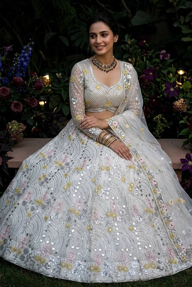 4M Flared Butterfly Net Real Mirror & Sequins Lehenga Choli | Rosepetals Luxe - Rosepetals Luxe