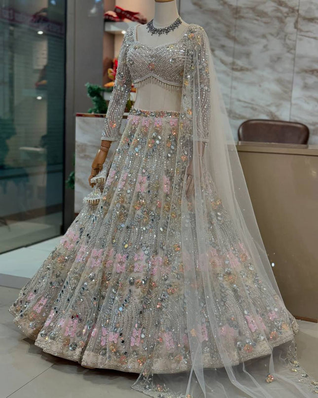 4M Flared Butterfly Net Real Mirror & Sequins Lehenga Choli | Rosepetals Luxe - Rosepetals Luxe